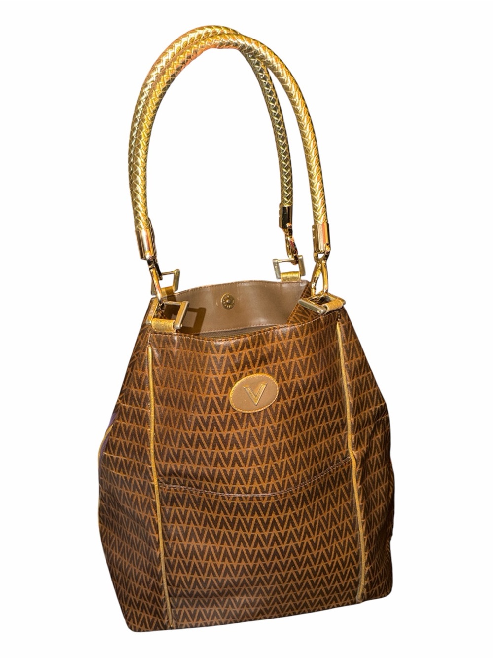 Vintage Mario Valentino Brown Monogram V Tote Shoulder Bag Gold Straps